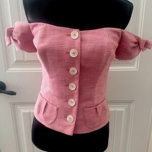 bebe Womens Vintage Pink Tweed Corset off the shoulder with bow accents top